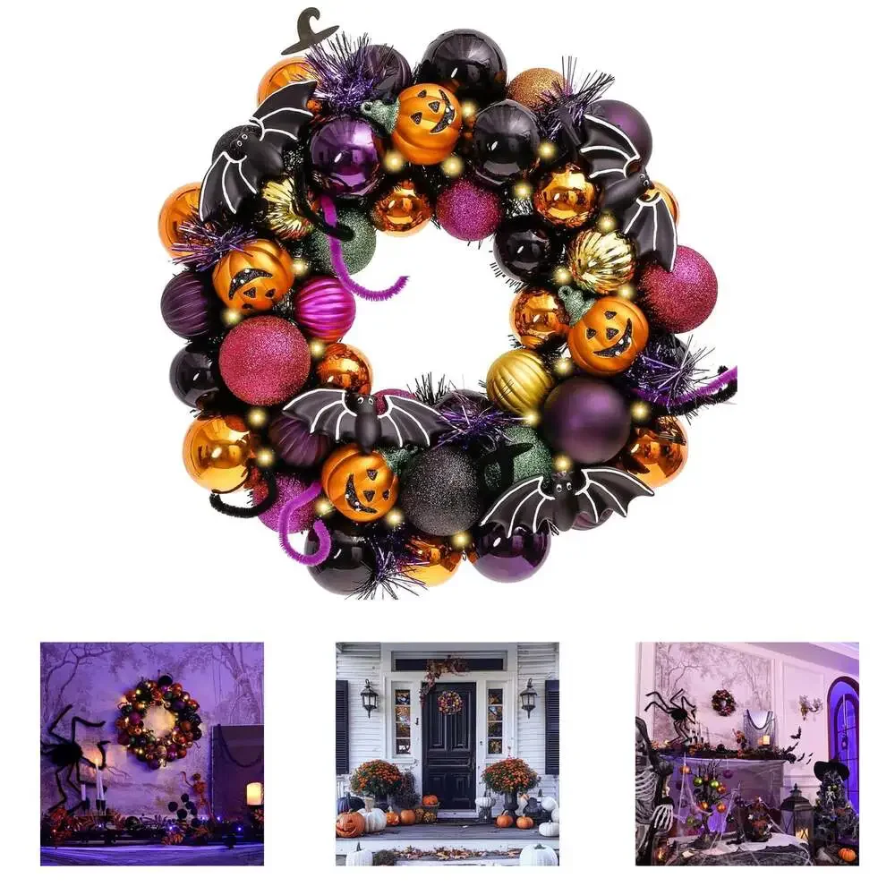 Halloween Pumpkin Wreath 12 Inch Front Door Decor with LED Lights and Timer